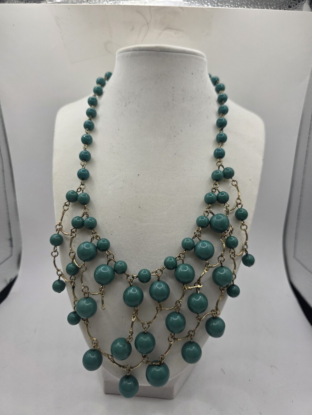 Vtg Emerald Green Bead Waterfall Bib Necklace Tiered Dangle Statement As-Is